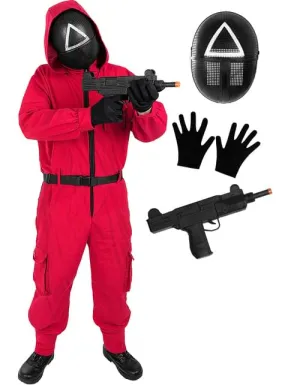 Costume da Squid Game con maschera triangolare ufficiale e arma